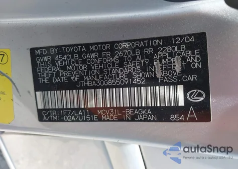 2005 Lexus Es 330 from USA, damaged, VIN JTHBA30G855091452
